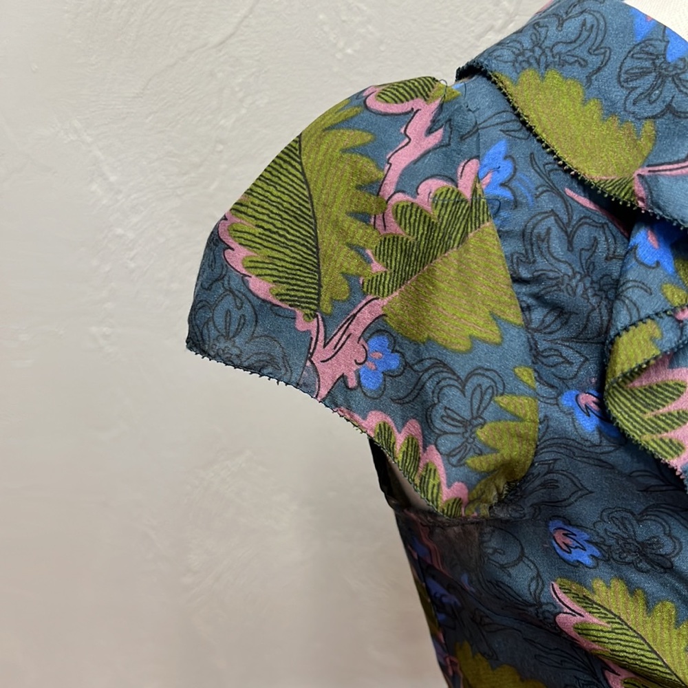 Vanessa Virginia Anthropologie Blue/Green Floral Print Peplum Blouse Size 0 - Picture 6 of 15